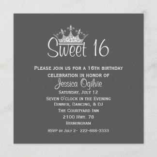 Elegant Crown Gray & White Sweet 16 Birthday Invitation