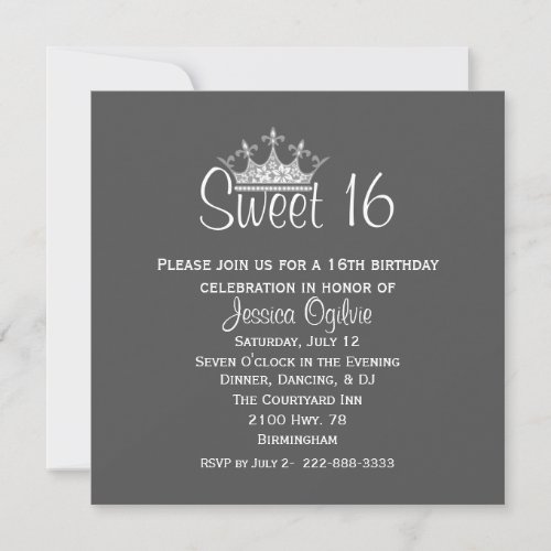 Elegant Crown Gray &amp; White Sweet 16 Birthday Custom Announcements
