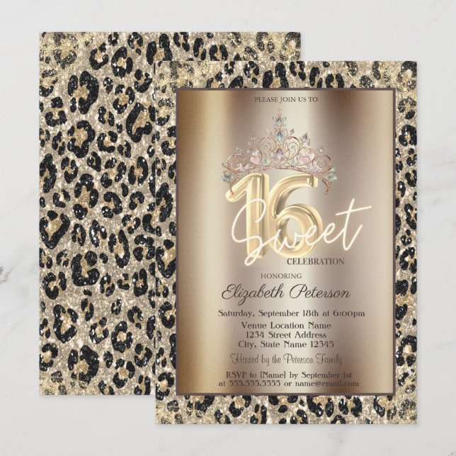Elegant Crown Leopard Print Sweet 16   Invitation (Front/Back)