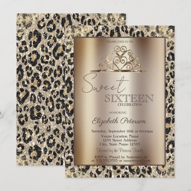 Elegant Crown Leopard Print Sweet 16   Invitation (Front/Back)