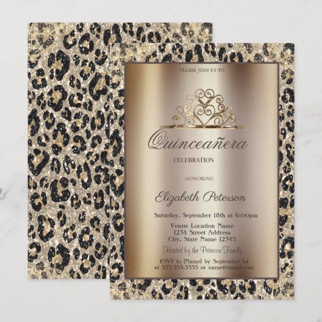 Elegant Crown Leopard Print Sweet Quinceañera Invitation (Front/Back)