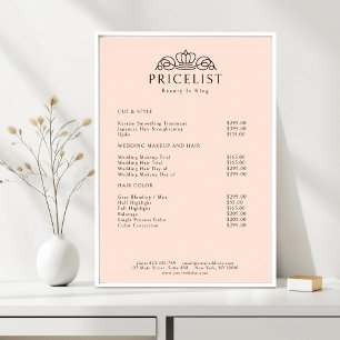 Elegant Crown Logo Peach Salon Price List Poster