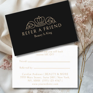 Elegant Crown Logo Salon Black Beige Referral Card