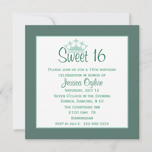 Elegant Crown Mint &amp; White Sweet 16 Birthday Custom Announcements