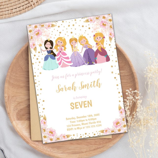 Elegant Crown Party Card (Pink Floral Glitter Princess Cards)