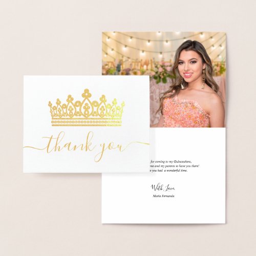 Elegant Crown Photo Quinceanera Thank You Gold Foil Card