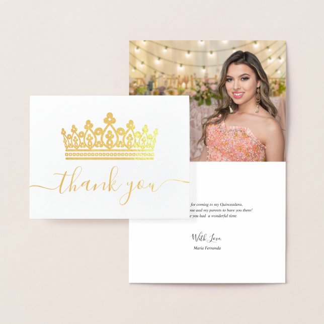 Elegant Crown Photo Quinceanera Thank You Gold Foil Card (Display)