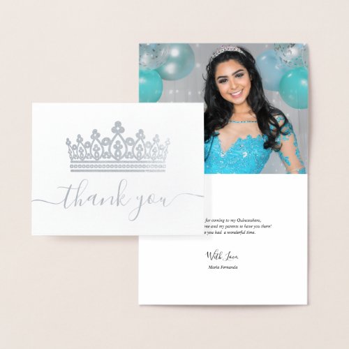 Elegant Crown Photo Quinceanera Thank You Silver Foil Card