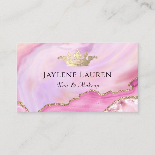 Elegant Crown Pink Gold Marble Agate Business Card (Front)