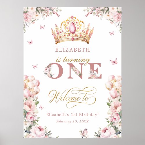 Elegant Crown Princess Girl 1st Birthday Welcome  Poster