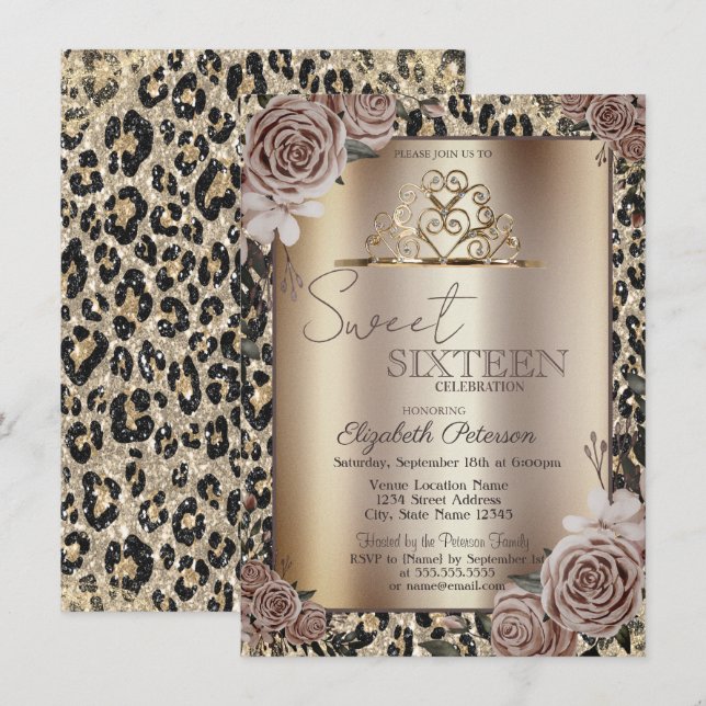 Elegant Crown Roses Leopard Print Sweet 16   Invitation (Front/Back)