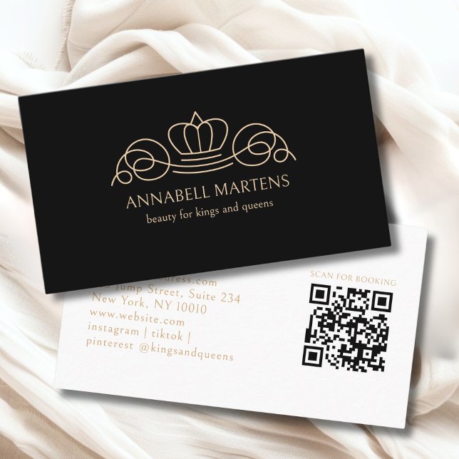 Elegant Crown Salon Black Beige QR Code Business Card (Elegant Crown Salon Black Beige QR Code Business Card)