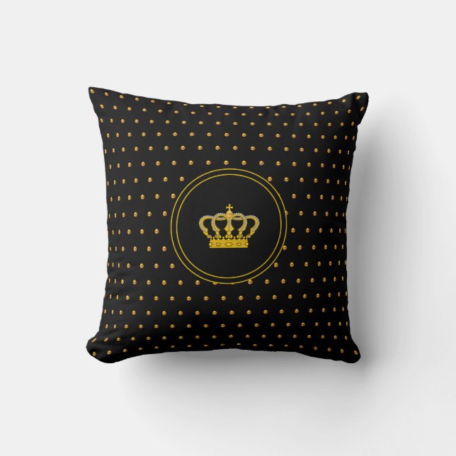 Elegant  Crown & Small Gold Polka Dots on Black Throw Pillow (Front)