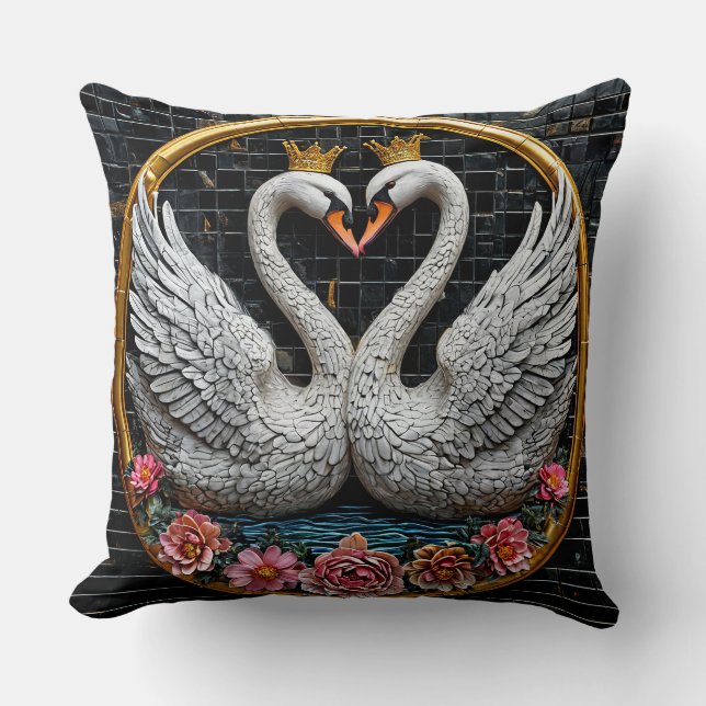 Elegant Crowned Swans Decorative Romantic Accent Throw Pillow (Front)