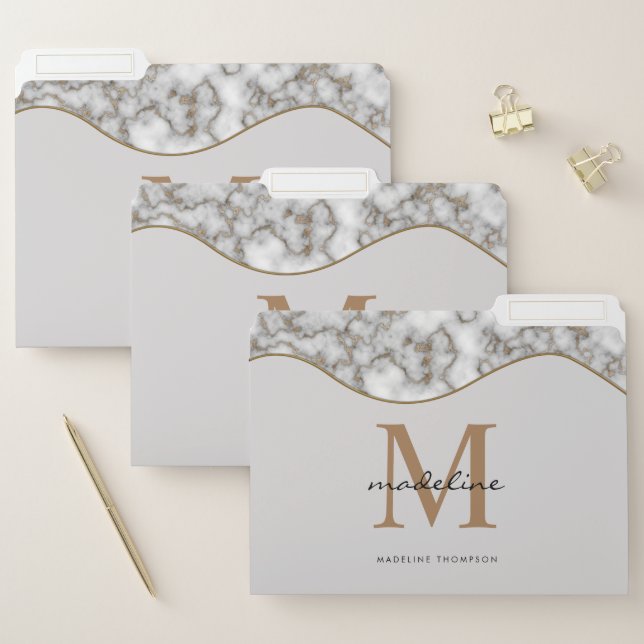 Elegant Crusted Gold Marble Black Gray Monogram File Folder (Set)
