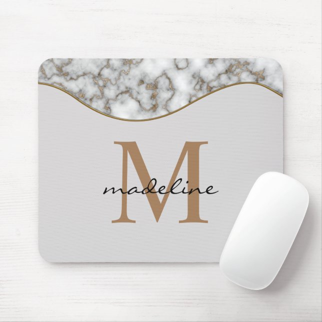 Elegant Crusted Gold Marble Black Gray Monogram Mouse Pad (With Mouse)