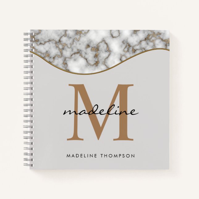 Elegant Crusted Gold Marble Black Gray Monogram Notebook (Front)