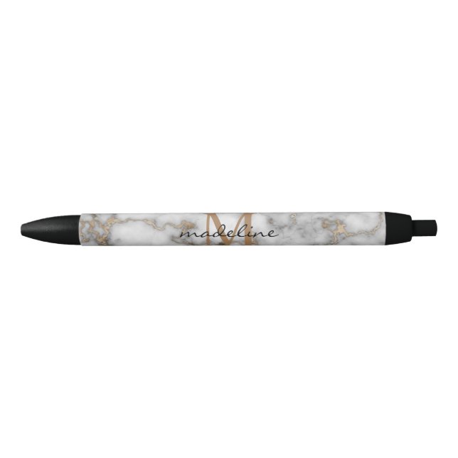 Elegant Crusted Gold Marble Black Gray Monogram Pen (Front)
