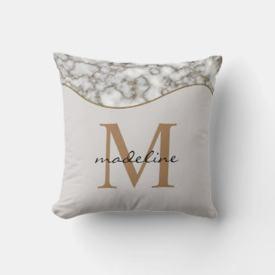 Elegant Crusted Gold Marble Black Gray Monogram Throw Pillow