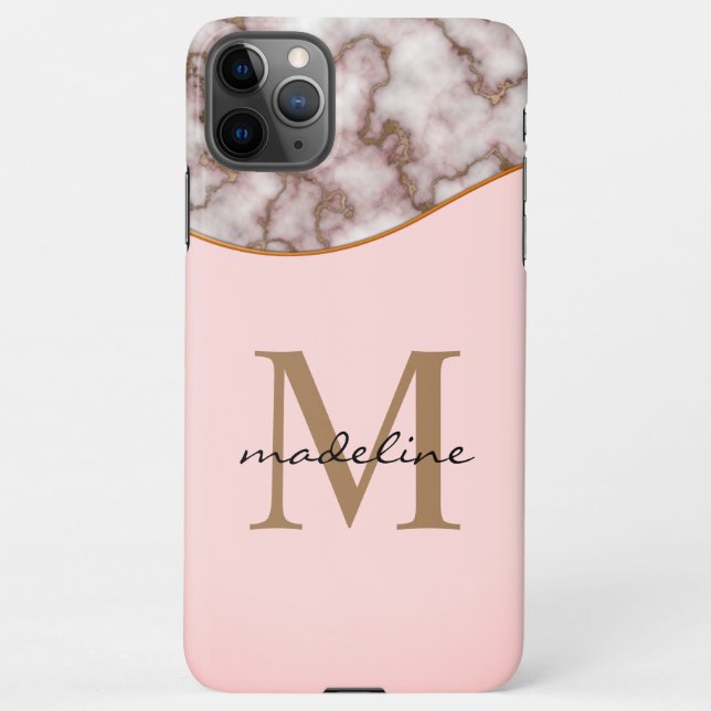 Elegant Crusted Gold Marble Dusty Pink Monogram iPhone Case (Back)