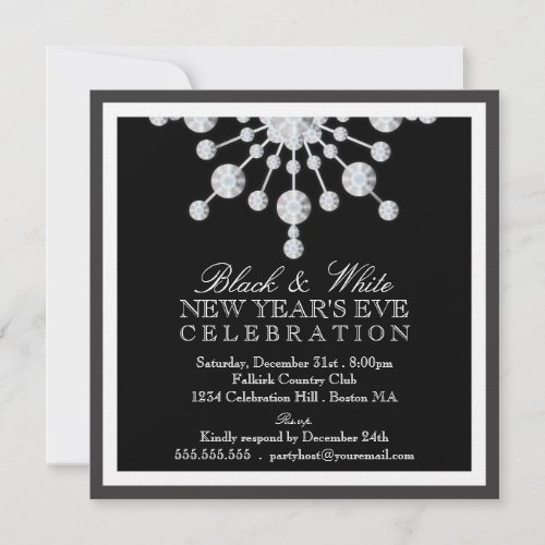 Elegant Crystal Snow New Years Eve Black  White Invitation