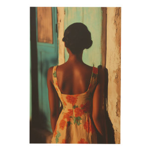 Elegant Cuban Woman Floral Dress at Golden Hour Wood Wall Art