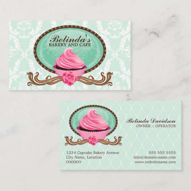 Elegant Cupcake Bakery Damask Business Card (Front/Back)