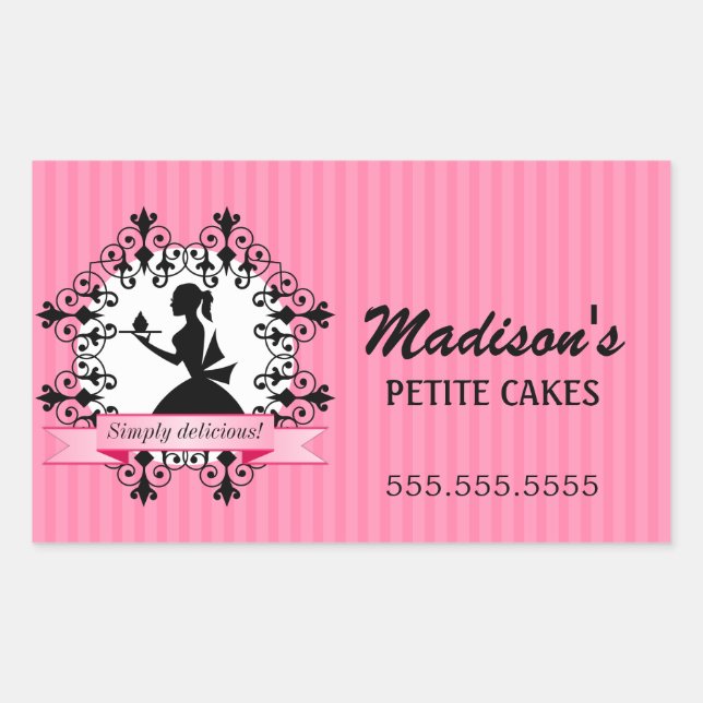 Elegant Cupcake Bakery Lady Silhouette Pink Rectangular Sticker (Front)