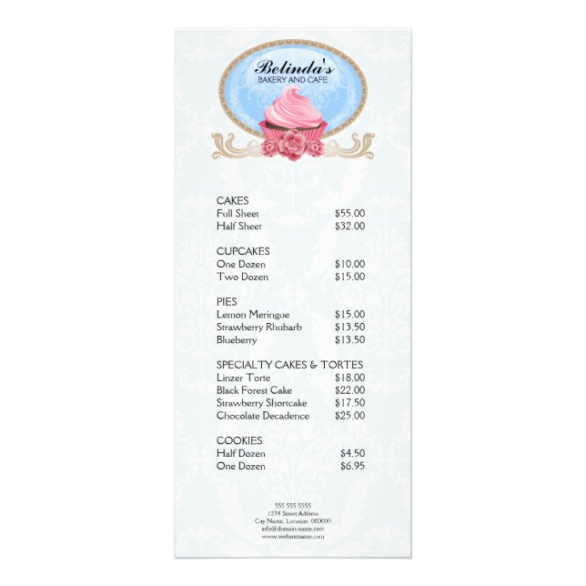 Elegant Cupcake Bakery Price List Rack Card (Front)