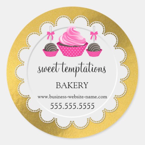 Elegant Cupcake Cake Pops Doily Faux Gold Foil Classic Round Sticker