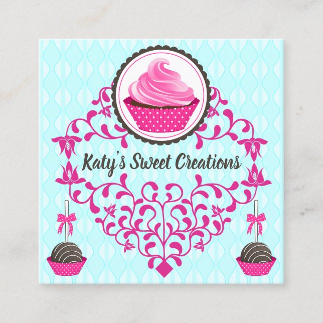 Elegant Cupcake Cake Pops Swirls Square Business Card (Front)