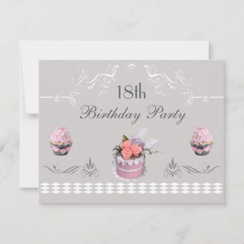 Elegant Cupcakes Pink  Grey 18th Birthday Invitation