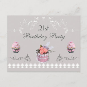 Elegant Cupcakes Pink & Grey 21st Birthday Invitation