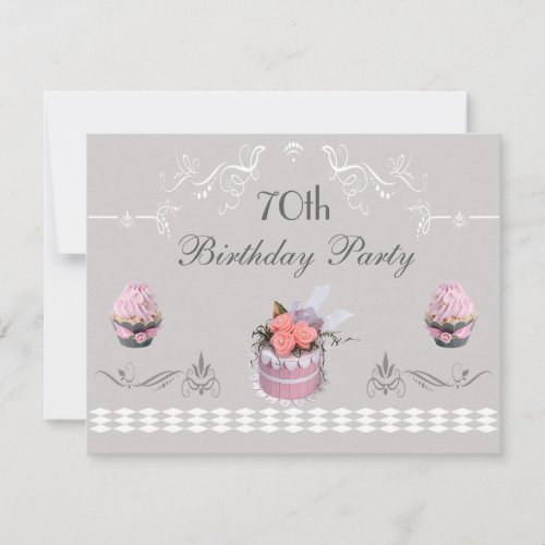 Elegant Cupcakes Pink &amp; Grey 70th Birthday Announcements