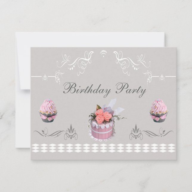 Elegant Cupcakes Pink & Grey Birthday Party Invitation (Front)