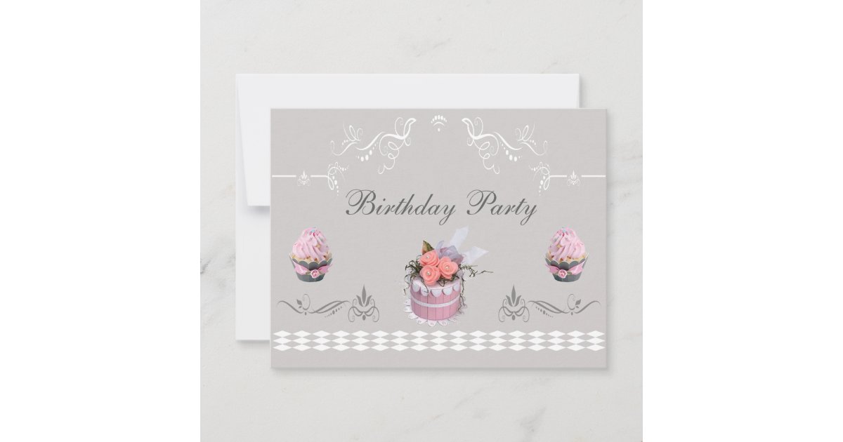 Elegant Cupcakes Pink Grey Birthday Party Invitation Zazzle Com