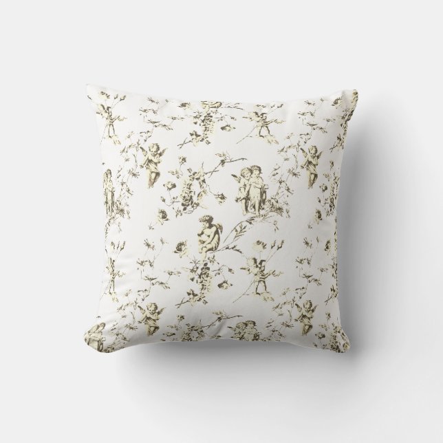 Elegant Cupid Angels Beige White Floral Toile Throw Pillow (Front)