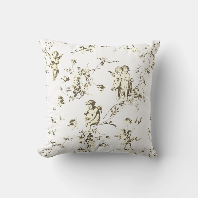 Elegant Cupid Angels Beige White Floral Toile Throw Pillow (Front)