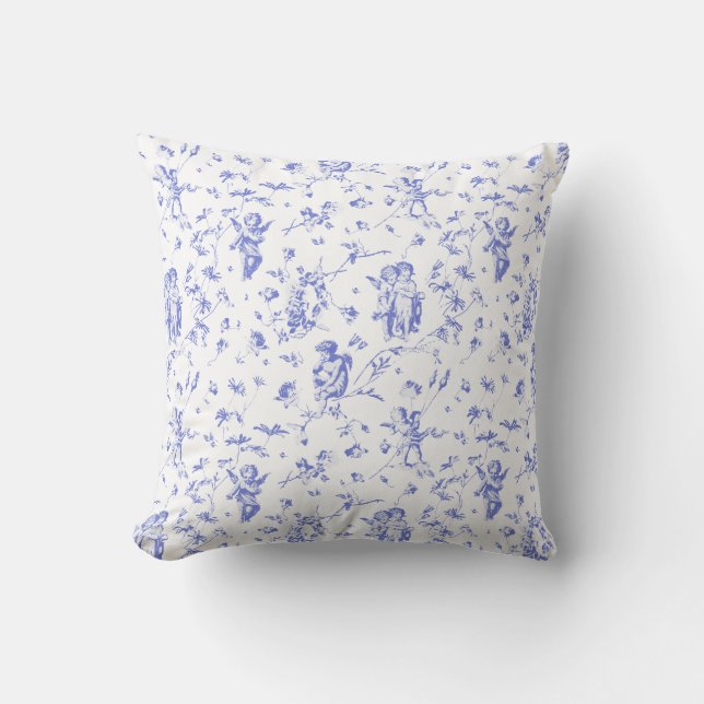 Elegant Cupid Angels Blue White Floral Toile Throw Pillow (Front)