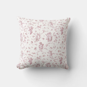 Elegant Cupid Angels Pink White Floral Toile Throw Pillow