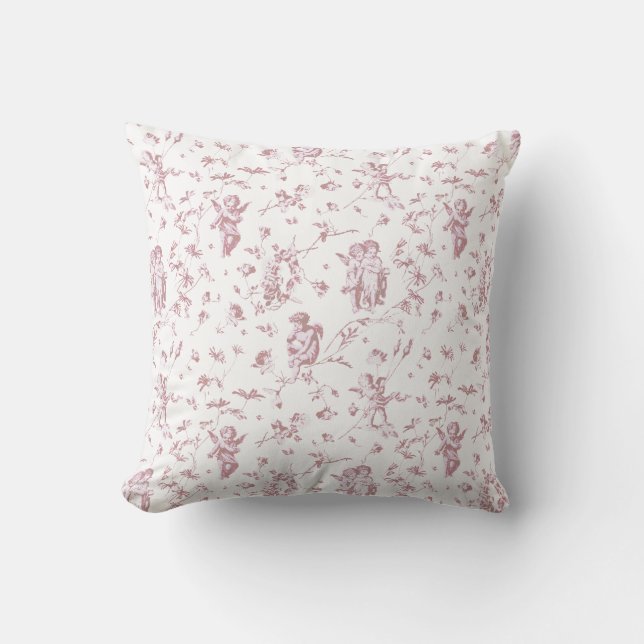 Elegant Cupid Angels Pink White Floral Toile Throw Pillow (Front)