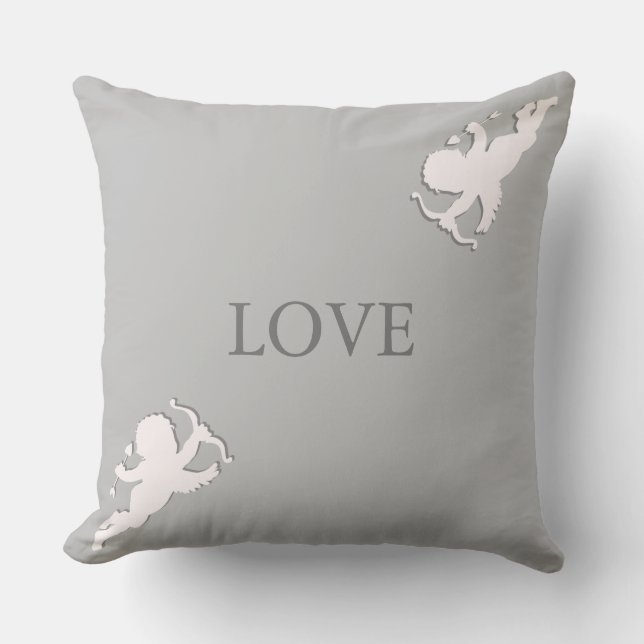 Elegant cupids in white on silver gray throw pillow (Front)
