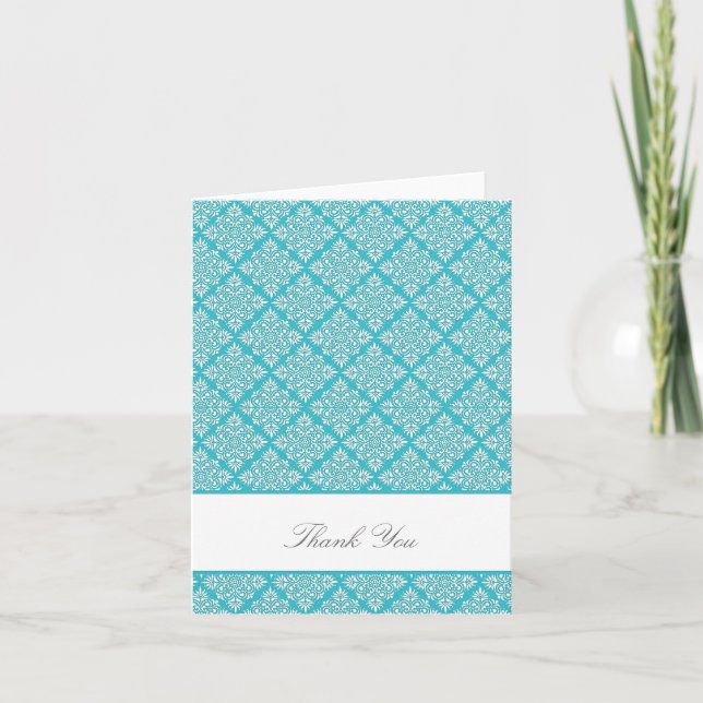 Elegant Curacao Blue Damask Thank You Card (Front)