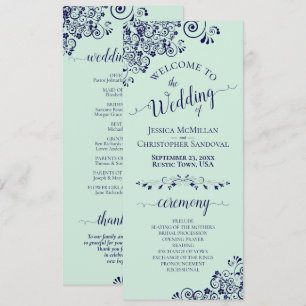 Elegant Curls & Swirls Mint Green & Navy Wedding Program
