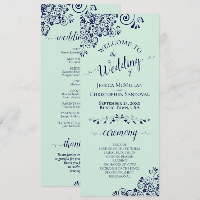 Elegant Curls & Swirls Mint Green & Navy Wedding Program (Front/Back)