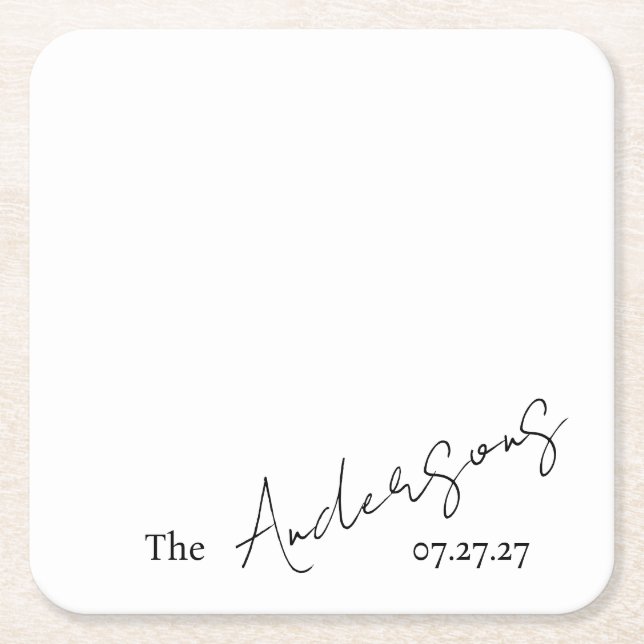 Elegant Cursive Custom Text Simple Wedding Square Paper Coaster (Front)