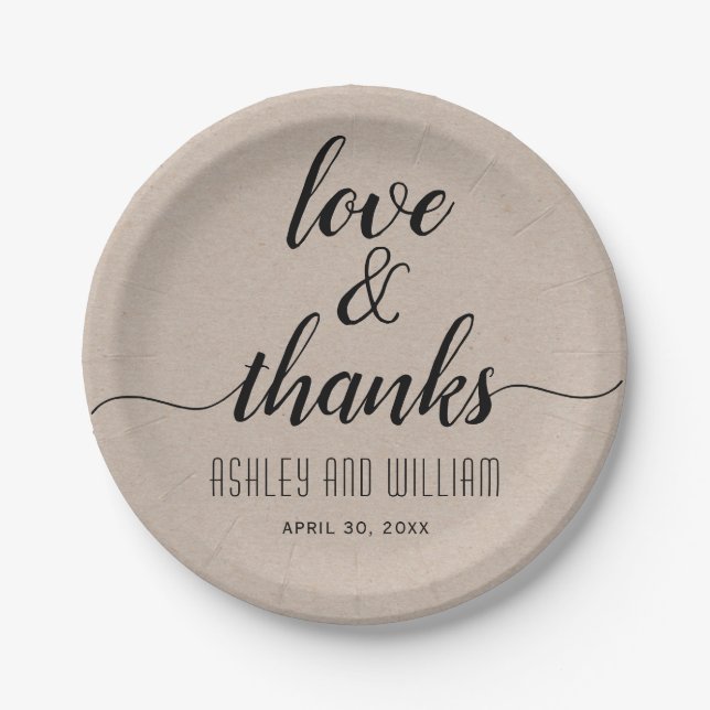 Elegant cursive script calligraphy rustic wedding paper plates (Front)