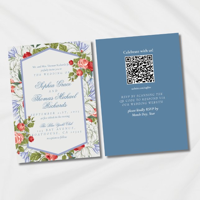 Elegant Cursive Script Floral Wedding Invitation (Set the tone for a timeless celebration with this Romantic Red & Blue Floral Wedding Invitation!)