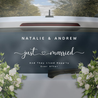 Elegant Cursive Script Just Married Wedding Car Window Cling