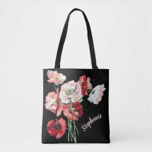 Elegant Cursive Script Name Watercolor Art Poppies Tote Bag